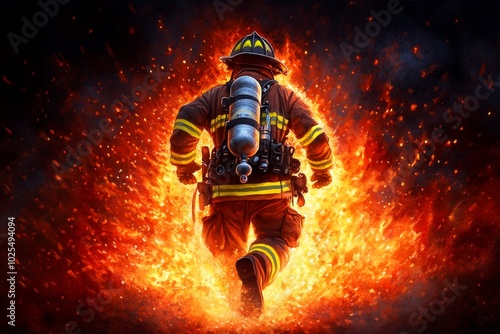 Watercolor depiction of a firefighter running into a burning building, with flowing, dynamic brushstrokes capturing the intensity and bravery of their sacrifice