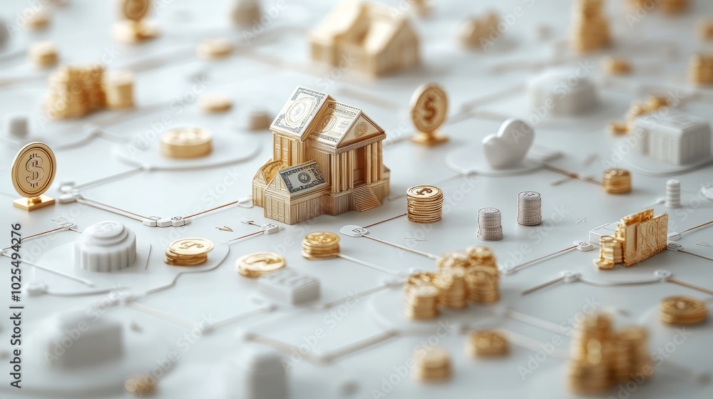 A 3D representation of a financial network with banks, coins, and money symbols. A 3D representation of a financial network with banks, coins, and money symbols.