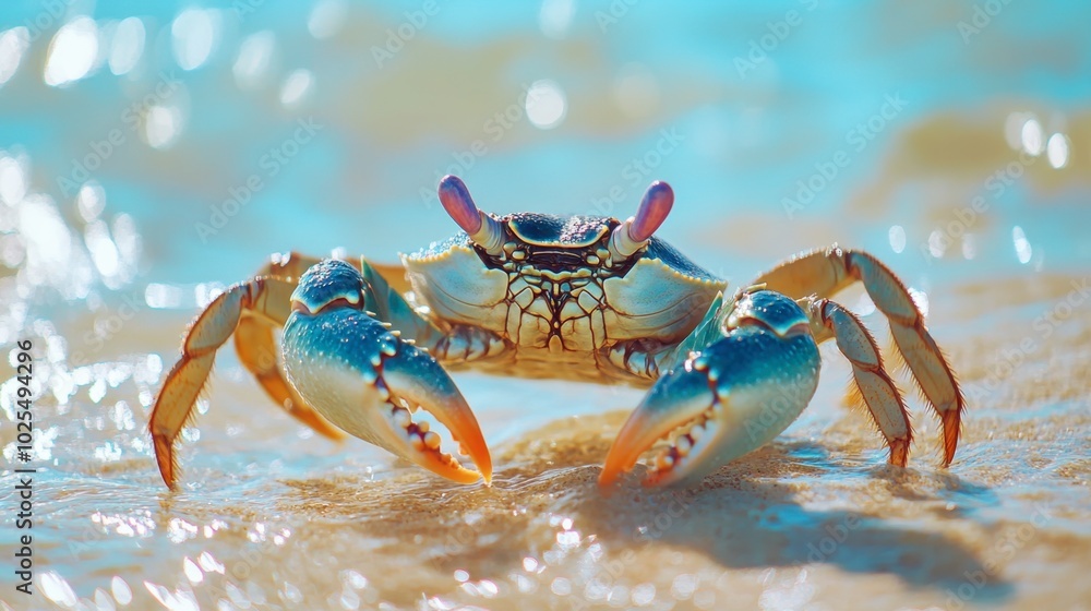 Vibrant Crab on Shoreline with Clear Blue Water Vibrant Crab on Shoreline with Clear Blue Water