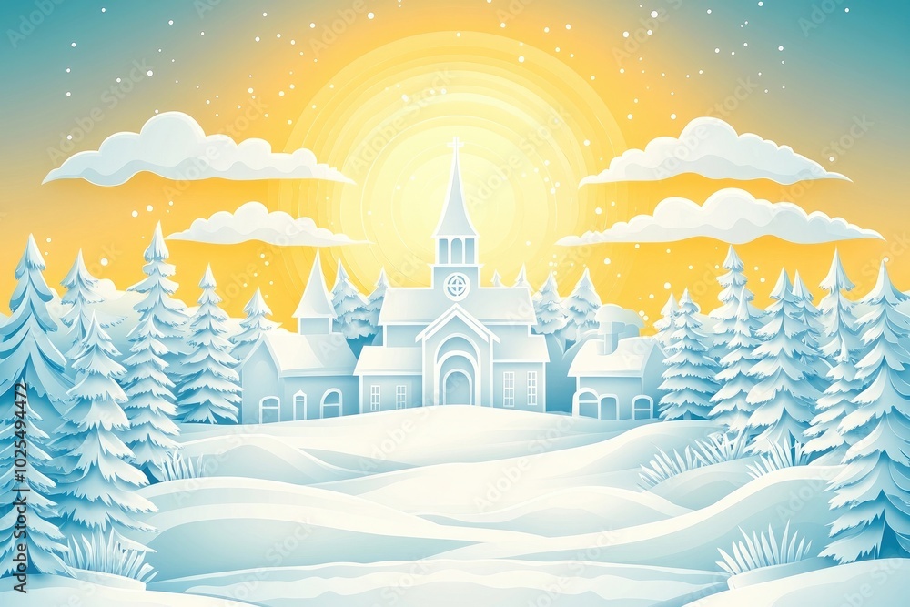 Snowy landscape illuminated by winter sunlight in a serene village setting, Winter landscape with sunlight in a peaceful village scene Snowy landscape illuminated by winter sunlight in a serene village setting, Winter landscape with sunlight in a peaceful village scene