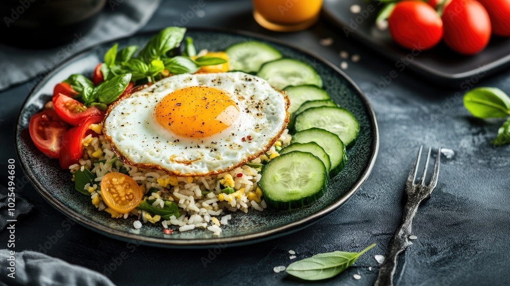 Colorful Breakfast Plate with Egg and Fresh Vegetables Colorful Breakfast Plate with Egg and Fresh Vegetables