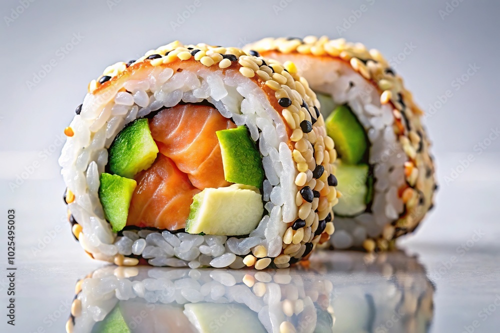 Minimalist sushi rolls with salmon, avocado, cucumber, and sesame seeds Minimalist sushi rolls with salmon, avocado, cucumber, and sesame seeds