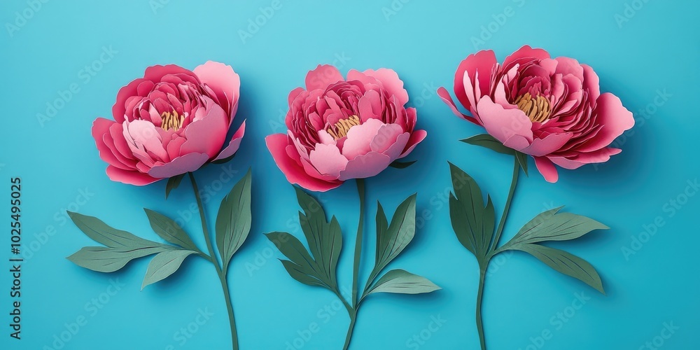 Three delicate pink peonies rest on blue wrapping paper, showcasing their vibrant blooms, Pink peonies on blue wrapping paper Three delicate pink peonies rest on blue wrapping paper, showcasing their vibrant blooms, Pink peonies on blue wrapping paper