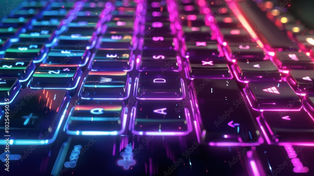 Fototapeta premium Close-up of a Neon-Lit Computer Keyboard with a Focused Arrow Key