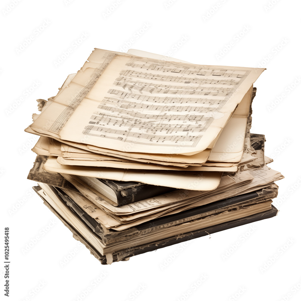 Naklejka premium Stack Of Old Music Sheets And Worn Books On A Transparent Background