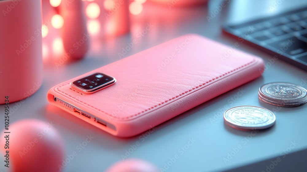 A pink phone case on a desk with coins, a keyboard, and decorative lights. A pink phone case on a desk with coins, a keyboard, and decorative lights.