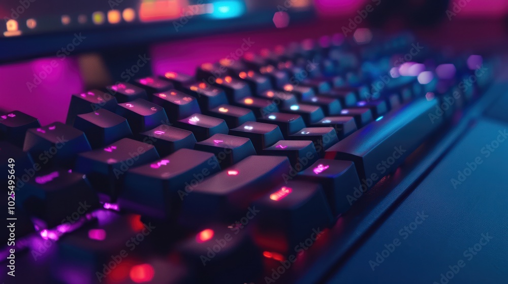 Close-up of a backlit gaming keyboard with glowing keys Close-up of a backlit gaming keyboard with glowing keys