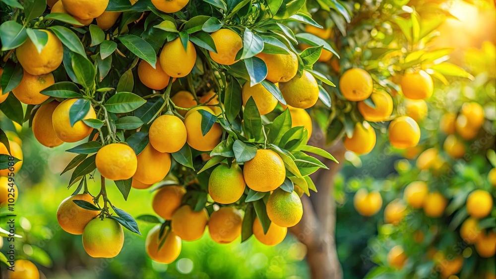 A vibrant citrus tree laden with ripe fruit, bathed in warm sunlight, a testament to the bounty of nature A vibrant citrus tree laden with ripe fruit, bathed in warm sunlight, a testament to the bounty of nature