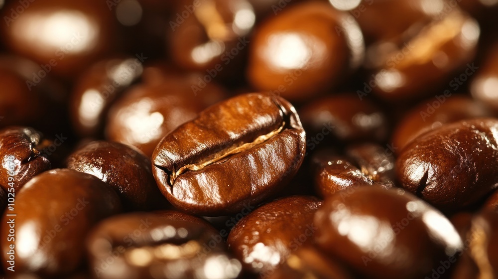 Close-up of freshly roasted coffee beans showcasing a rich variety of colors and textures, with shiny surfaces reflecting light. The composition captures the natural oils on the beans Close-up of freshly roasted coffee beans showcasing a rich variety of colors and textures, with shiny surfaces reflecting light. The composition captures the natural oils on the beans