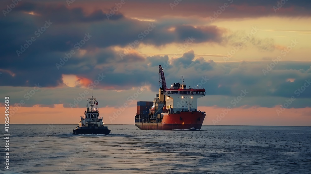 Tugboat on the background of sea and blue sky with clouds Tugboat on the background of sea and blue sky with clouds