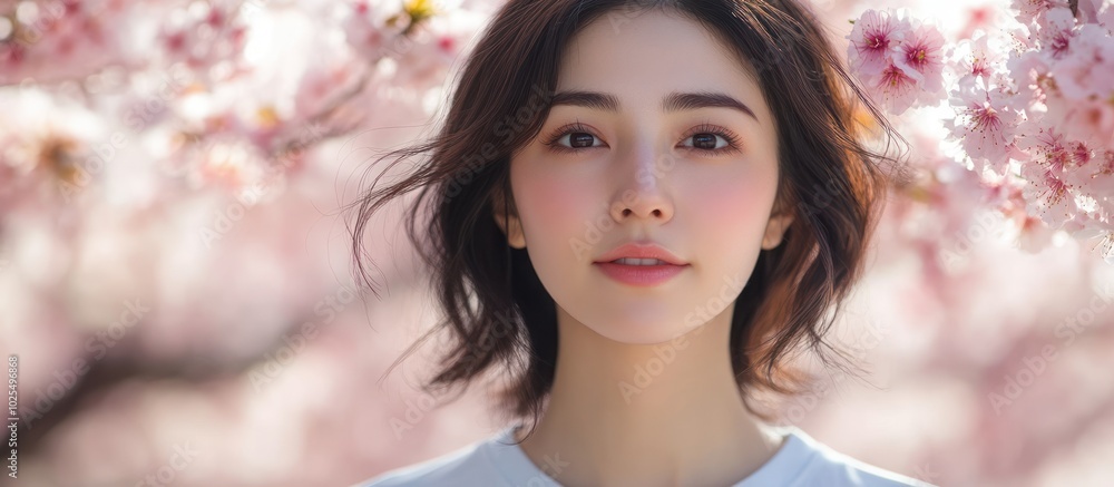 A young woman with short dark hair looks directly at the camera with a neutral expression, her face softly illuminated by the sunlight filtering through a blooming cherry blossom tree. A young woman with short dark hair looks directly at the camera with a neutral expression, her face softly illuminated by the sunlight filtering through a blooming cherry blossom tree.