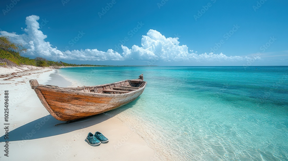 Naklejka premium Wooden Boat on a Pristine Beach