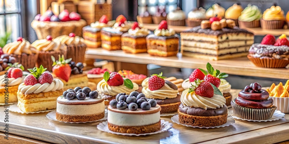 An array of delectable pastries, adorned with fresh berries, cream, and delicate decorations, arranged on a rustic wooden surface, showcasing a tempting selection of sweet treats. An array of delectable pastries, adorned with fresh berries, cream, and delicate decorations, arranged on a rustic wooden surface, showcasing a tempting selection of sweet treats.