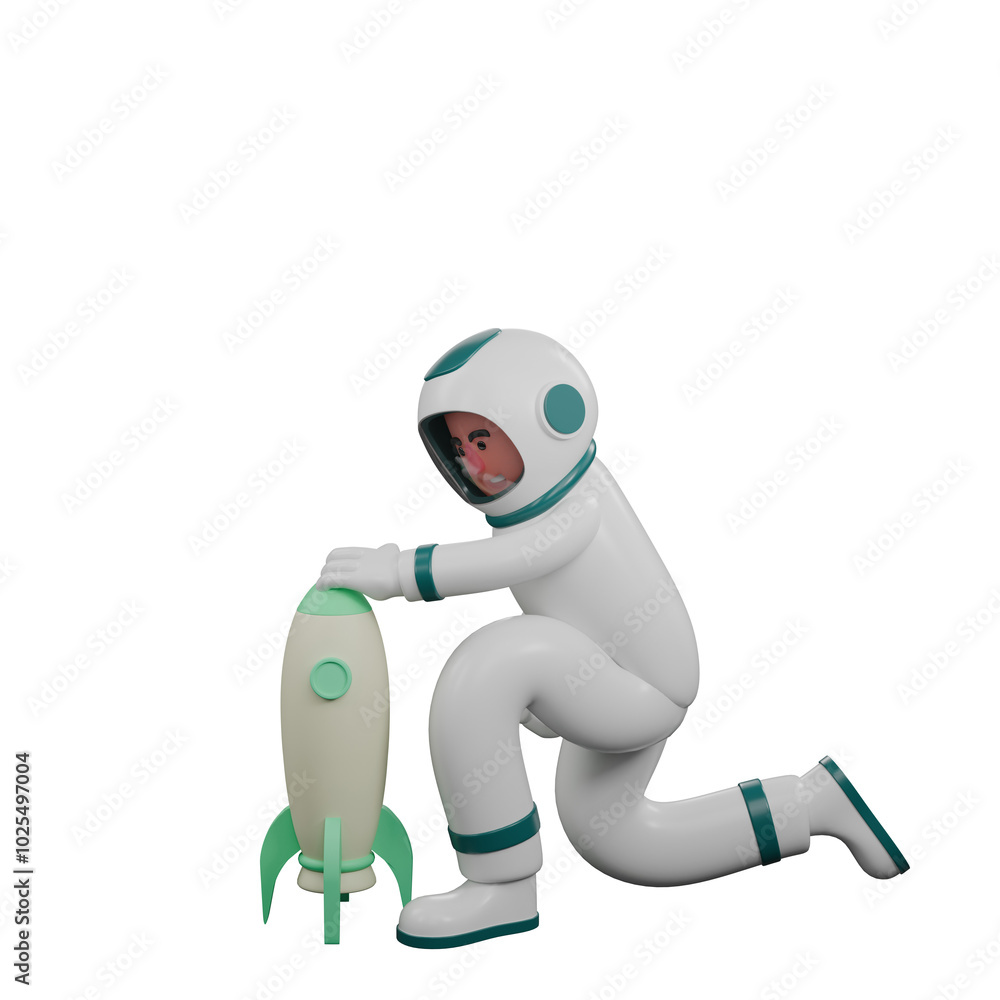 Astronaut's Daily Routine in 3D. A male astronaut kneels behind a small rocket while holding the tip of the rocket in his left hand. Male Cartoon Astronaut's Daily Routine in 3D. A male astronaut kneels behind a small rocket while holding the tip of the rocket in his left hand. Male Cartoon