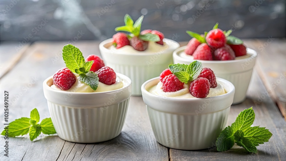Creamy Delights Adorned with Fresh Raspberries and Mint Leaves, a Sweet Treat for Every Occasion Creamy Delights Adorned with Fresh Raspberries and Mint Leaves, a Sweet Treat for Every Occasion