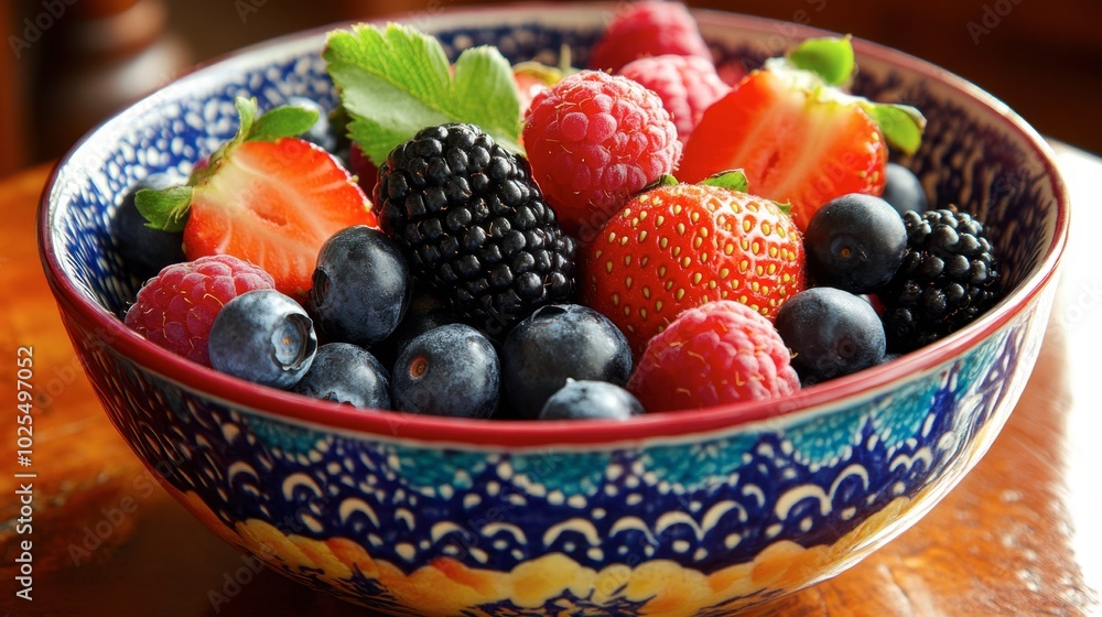 Fresh Mixed Berries in Colorful Bowl Fresh Mixed Berries in Colorful Bowl