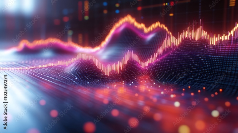 Naklejka premium Abstract graphic representation of data trends with vibrant colors and waveforms.