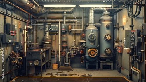 A Detailed View of a Complex Industrial Room Filled with Pipes, Gauges, and Machinery