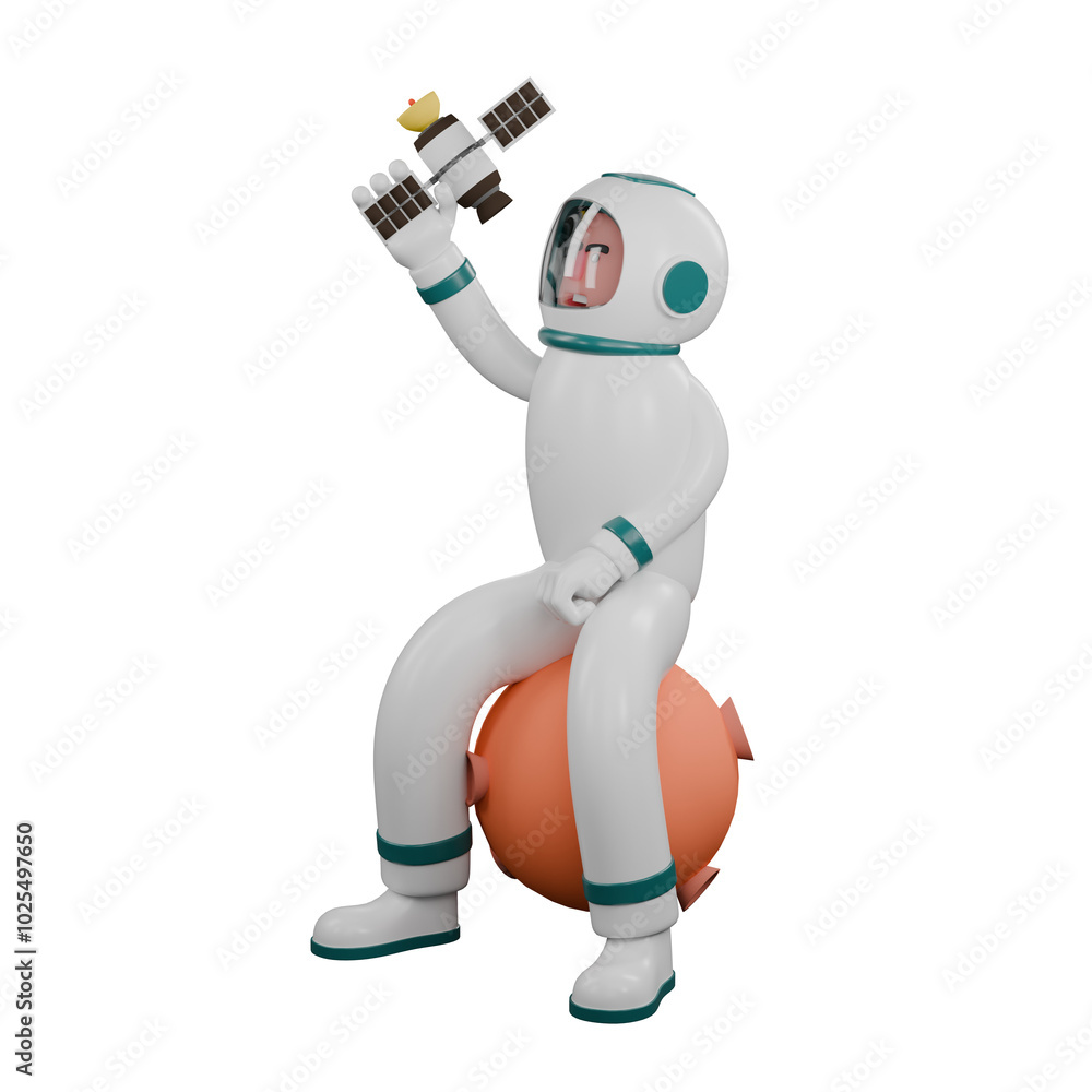 Professional Male in Space. A male astronaut sits on a miniature moon holding up a miniature satellite. 3D Astronaut Cartoon Professional Male in Space. A male astronaut sits on a miniature moon holding up a miniature satellite. 3D Astronaut Cartoon