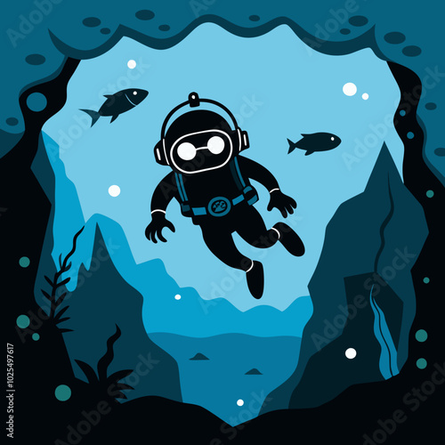 Silhouette of a scuba diver exploring underwater caves