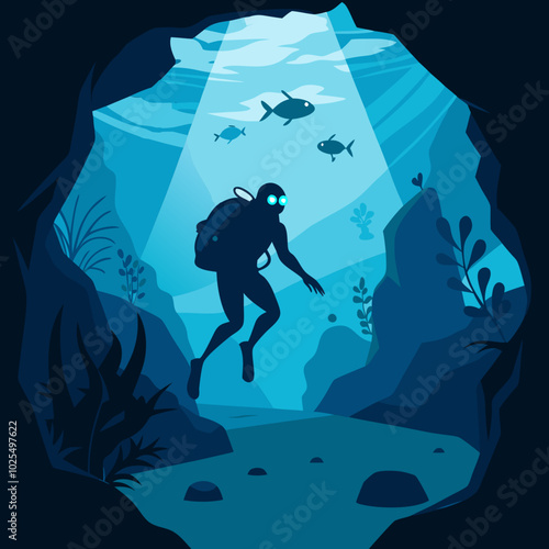 Silhouette of a scuba diver exploring underwater caves