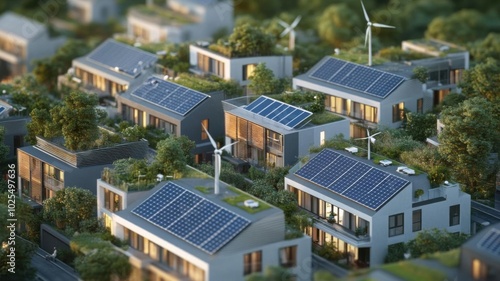 A community of green buildings with rooftop solar panels and integrated wind turbines, showing the future of urban renewable energy solutions