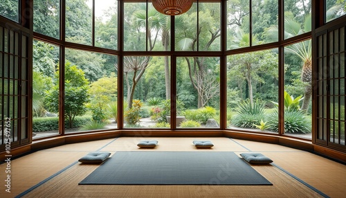 A zen room with large windows and a view of a lush garden, featuring a mat for meditation and cushions arranged in a circle.
 photo