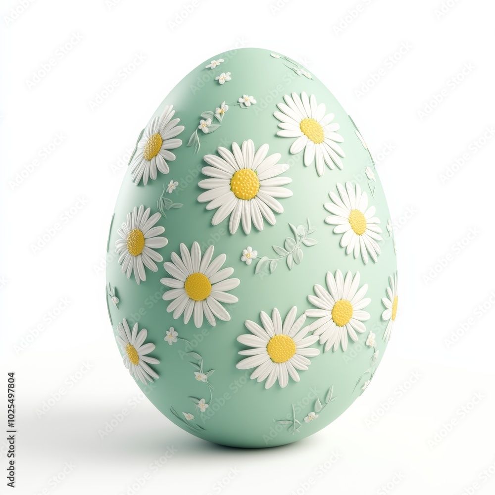 A pastel green Easter egg decorated with cute white daisies, isolated on a white background with a soft shadow A pastel green Easter egg decorated with cute white daisies, isolated on a white background with a soft shadow