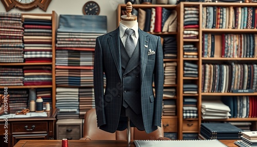 A tailor's shop with a mannequin wearing a three-piece suit in front of a desk with spools of thread and a bookshelf filled with fabric samples.
 photo