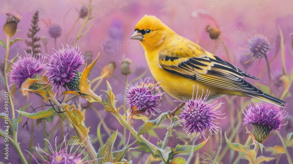 Fototapeta premium Yellow Bird Perched on Purple Thistle Flowers