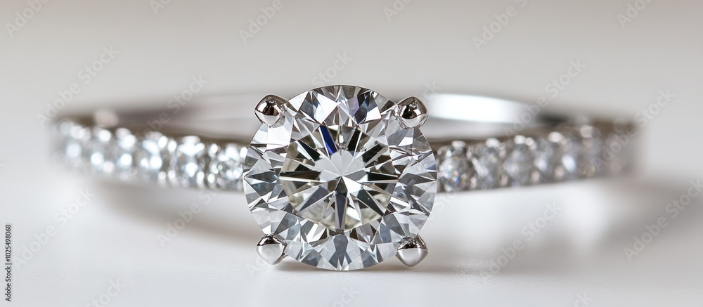 Close-up of a classic diamond engagement ring with a large center stone and a diamond-studded band. Close-up of a classic diamond engagement ring with a large center stone and a diamond-studded band.