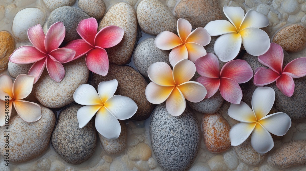 Serene Arrangement of Flowers and Stones Serene Arrangement of Flowers and Stones