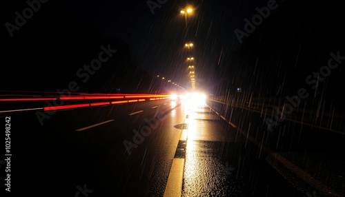 Flash of car lights on the asphalt with a night atmosphere after the rain #1025498242