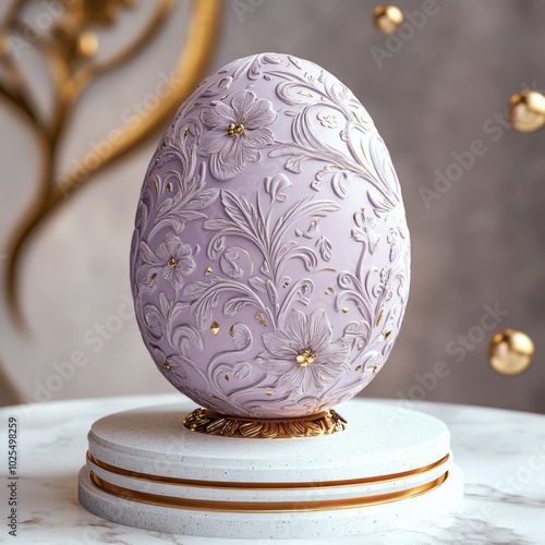 A pastel purple egg with intricate floral carvings, standing on a round white platform with floating golden accents