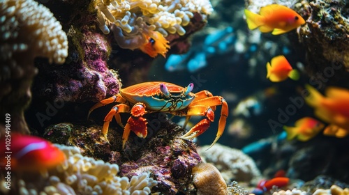 Colorful Crab Among Coral and Tropical Fish