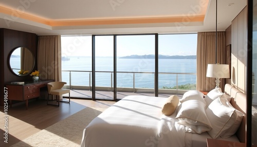 Luxurious bedroom with large bed, white linens, and floor-to-ceiling windows overlooking the water.
 photo