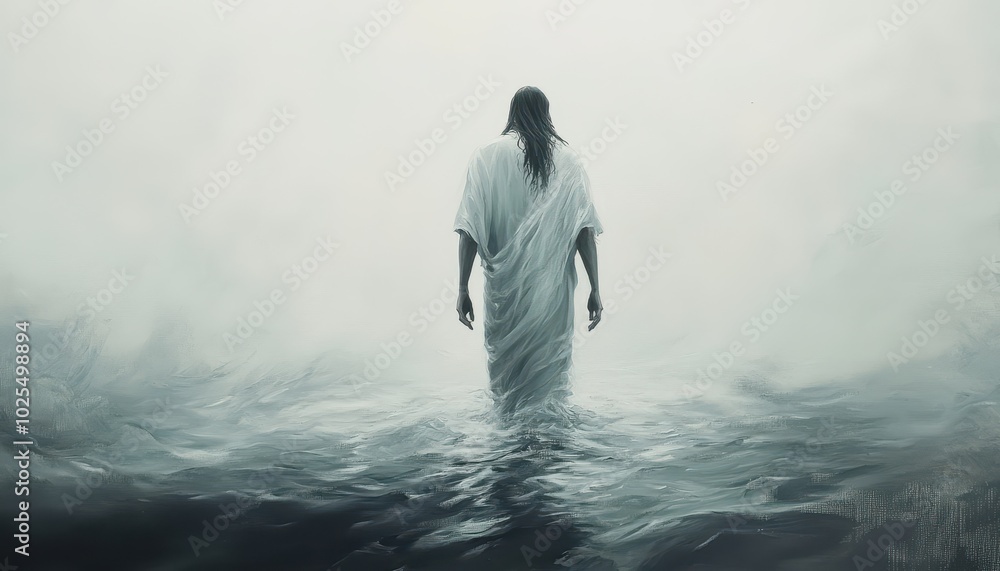 A solitary figure in a white robe walks on water, surrounded by fog. A solitary figure in a white robe walks on water, surrounded by fog.
