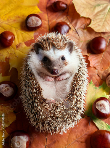 A cute hedgehog lying on autumn leaves surrounded by chestnuts. Vivid autumn colors. photo