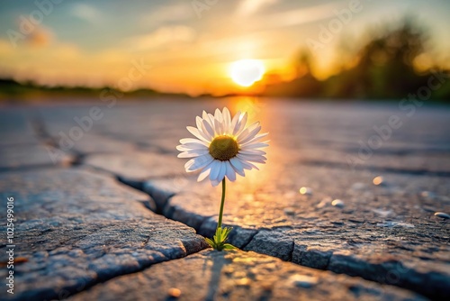 Fototapeta Naklejka Na Ścianę i Meble -  Daisy flower on cracked asphalt road at sunset nature background, tilted angle