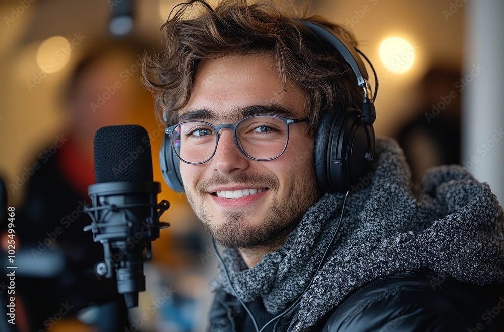 Young man with headphones working on a project with focus. Young man with headphones working on a project with focus.