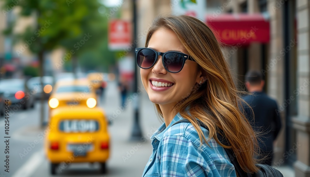 A young woman with sunglasses and a leather jacket smiles brightly at the camera, her hair blowing in the wind, on a city street. A young woman with sunglasses and a leather jacket smiles brightly at the camera, her hair blowing in the wind, on a city street.