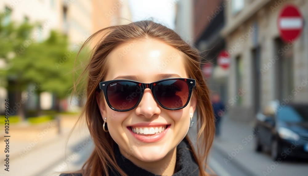 A young woman with sunglasses and a leather jacket smiles brightly at the camera, her hair blowing in the wind, on a city street. A young woman with sunglasses and a leather jacket smiles brightly at the camera, her hair blowing in the wind, on a city street.