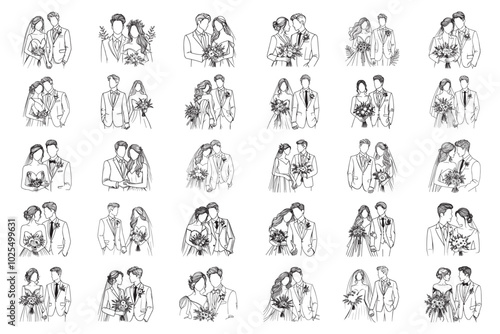 Bundle Line Art Romance wedding couple in a beautiful  Black and White Illustration Hand Drawn Clipart