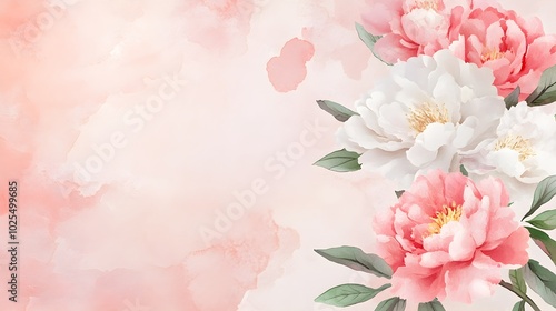 Fototapeta Naklejka Na Ścianę i Meble -  Pastel pink and white peonies in a minimalist watercolor style, lightly placed on a soft, neutral background with an airy, tranquil feel 