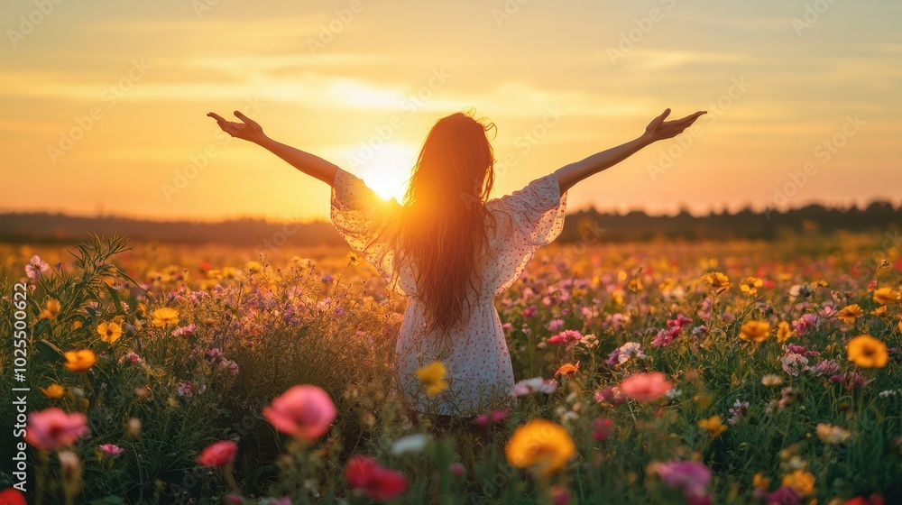 Woman in a Field of Flowers at Sunset with Arms Raised Woman in a Field of Flowers at Sunset with Arms Raised