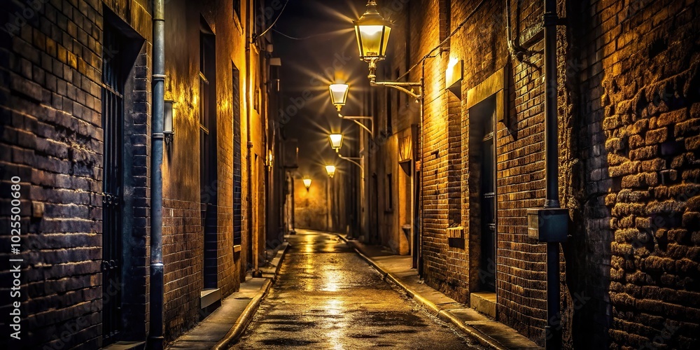 Dark and dirty alleyway illuminated by street lamps Dark and dirty alleyway illuminated by street lamps