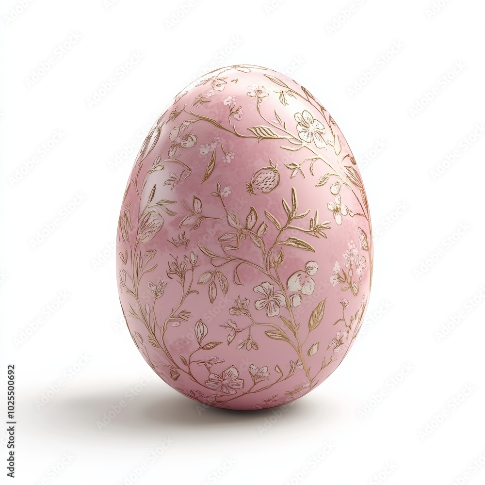 Fototapeta premium A soft pink Easter egg with delicate floral patterns, isolated on a white background with subtle shadows