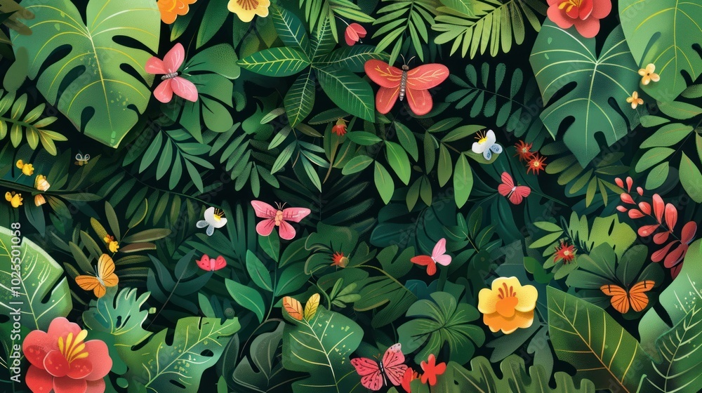A Colorful and Vibrant Jungle with Lush Green Foliage, Bright Flowers, and Delicate Butterflies A Colorful and Vibrant Jungle with Lush Green Foliage, Bright Flowers, and Delicate Butterflies