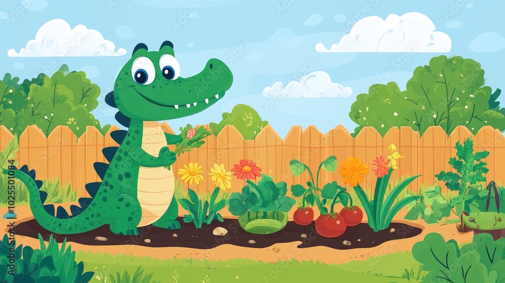 Obraz premium A friendly cartoon crocodile in a garden, planting flowers and vegetables, highlighting its love for nature and the environment.