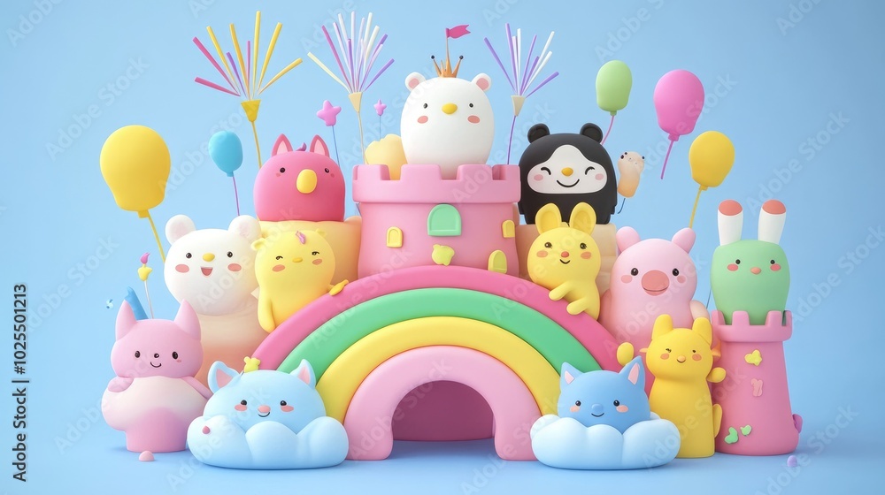 A group of 3D animated animals celebrating in a whimsical cloud castle with a rainbow bridge and colorful fireworks above. A group of 3D animated animals celebrating in a whimsical cloud castle with a rainbow bridge and colorful fireworks above.